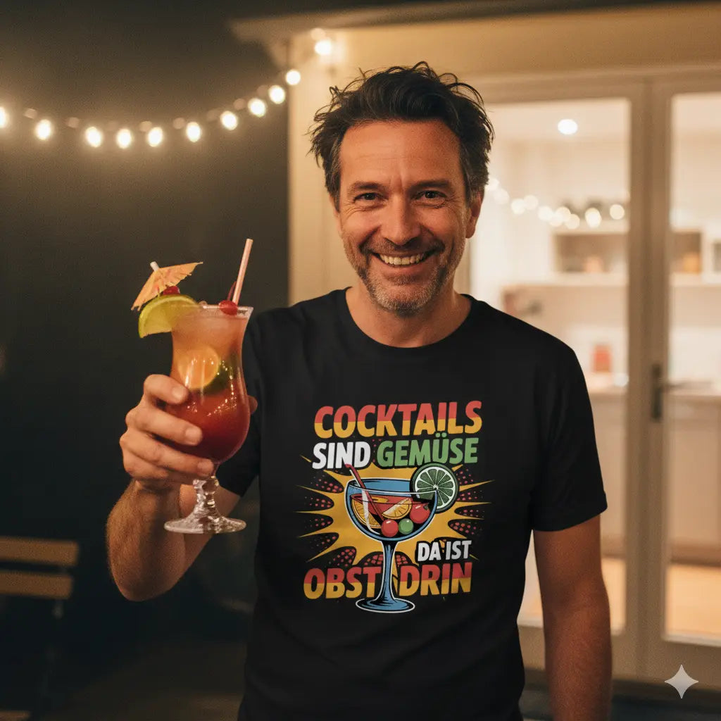 Mann lacht mit buntem Cocktail in der Hand und trägt das Meatware T-Shirt 'Cocktails sind Gemüse - Da ist Obst drin'.