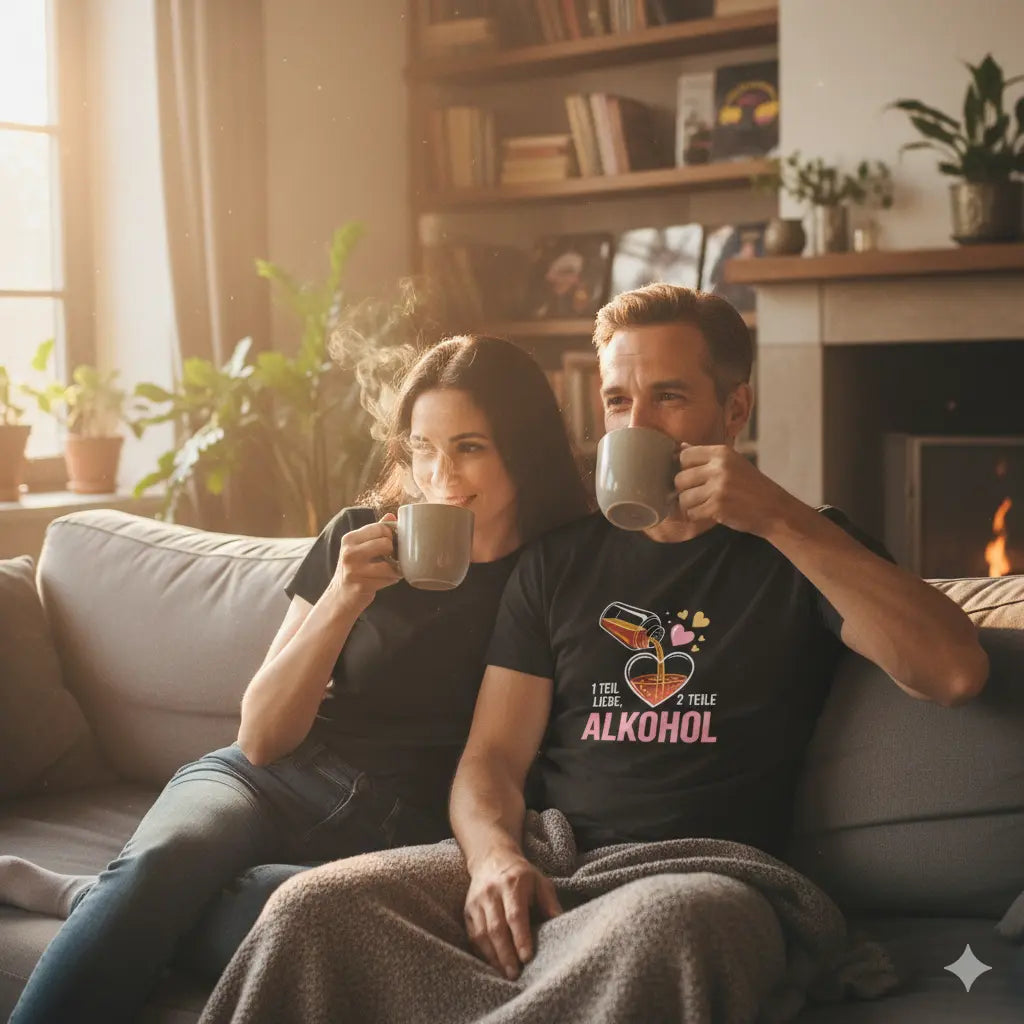 Authentisches Paar lacht am Grill mit Cocktailgläsern, Mann trägt schwarzes Meatware Shirt '1 Teil Liebe, 2 Teile Alkohol