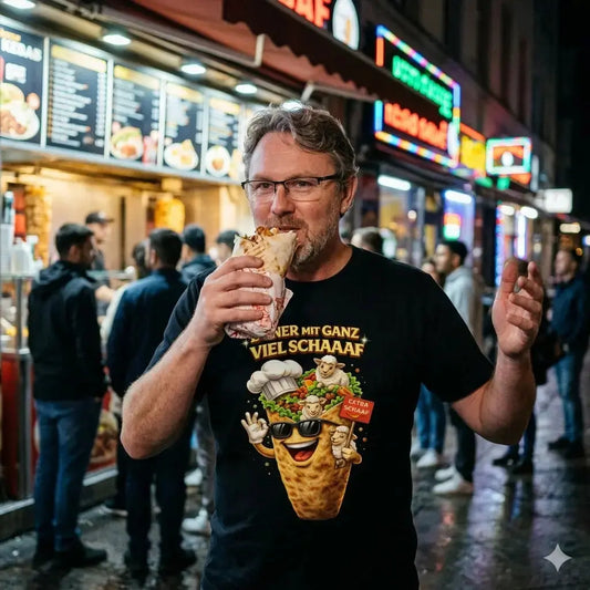 Mann im Meatware T-Shirt „Döner mit ganz viel Schaaaf“ vor einem beleuchteten Kebab-Stand.