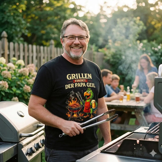 Vater lacht am Grill im Meatware T-Shirt mit buntem Papagei und Spruch Grillen findet der Papa gei