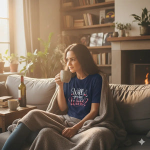 Ein schwarzes T-Shirt der Marke Meatware mit dem elegant geschwungenen Schriftzug „Will you be Wine?“ in einem edlen Weinrot-Rosé-Verlauf, verziert mit einer Weinflasche und kleinen Herzen