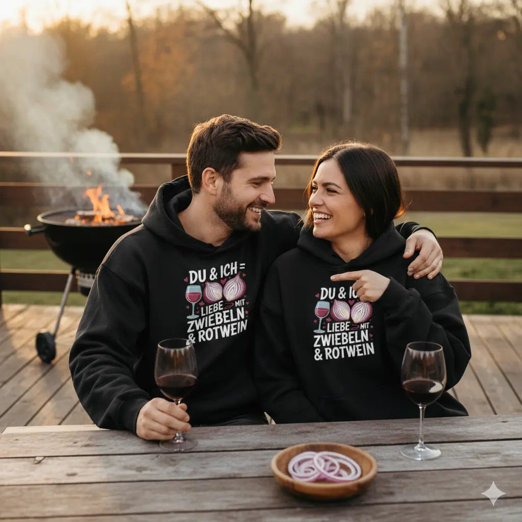 Locker sitzender Oversized Hoodie mit Zwiebel-Wein-Print; Paar lacht am rustikalen Holztisch bei Sonnenuntergang