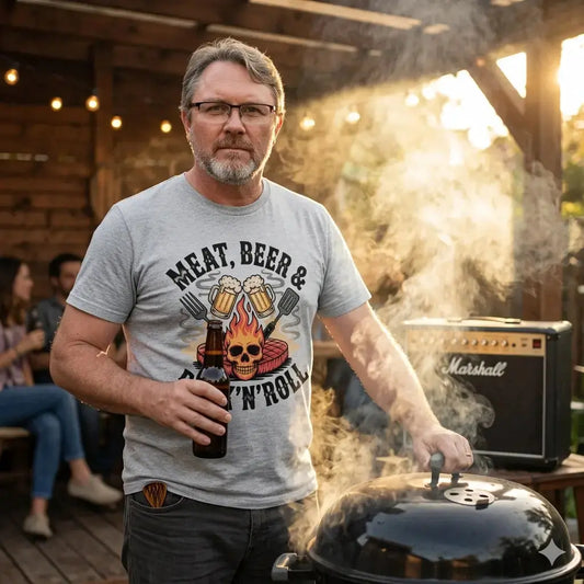 Authentisches Foto: Klaus (User) am Grill im T-Shirt "Meat, Beer & Rock'n'Roll", Rauch wie Bühnennebel.