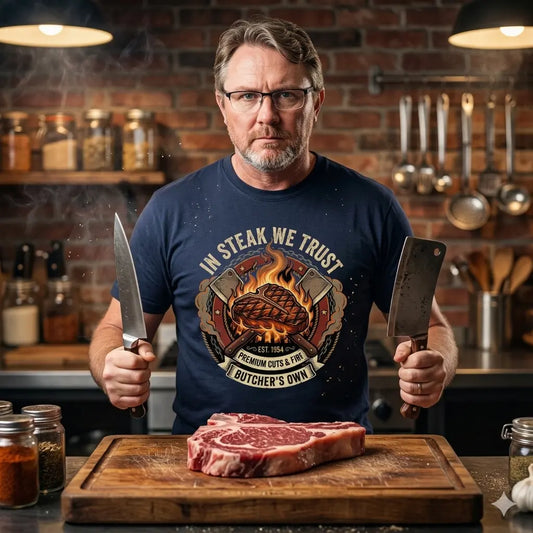 Nahaufnahme eines Grilling Pro im 'Steak We Trust'-Shirt mit Beil.