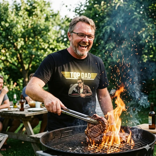 Authentisches BBQ-Action-Foto mit lachendem Mann, "Top Dad" T-Shirt, Flammen und Funken.