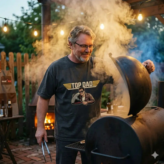 Ein lächelnder Mann im 'TOP DAD' Vintage-T-Shirt hebt den Deckel eines Smokers, während Rauch aufsteigt.