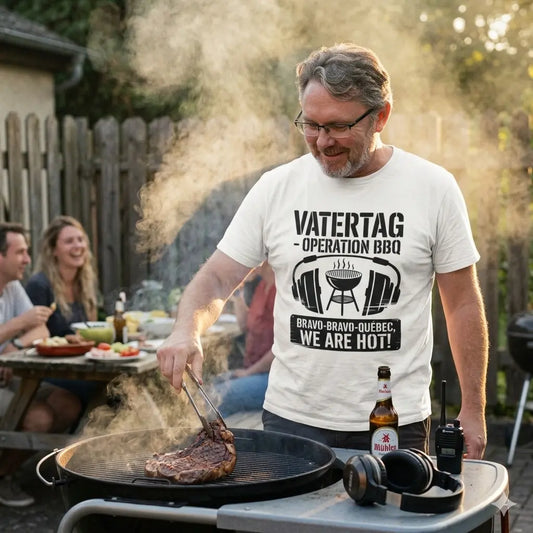 Authentisches Golden Hour BBQ Mockup mit "Vatertag Operation BBQ" T-Shirt, Rauch, Bier und echtem Charakter.