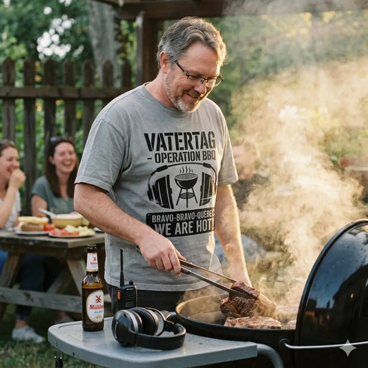 Authentisches Golden Hour BBQ Mockup mit oversized "Vatertag Operation BBQ" T-Shirt, Rauch, Bier und echtem Charakter.