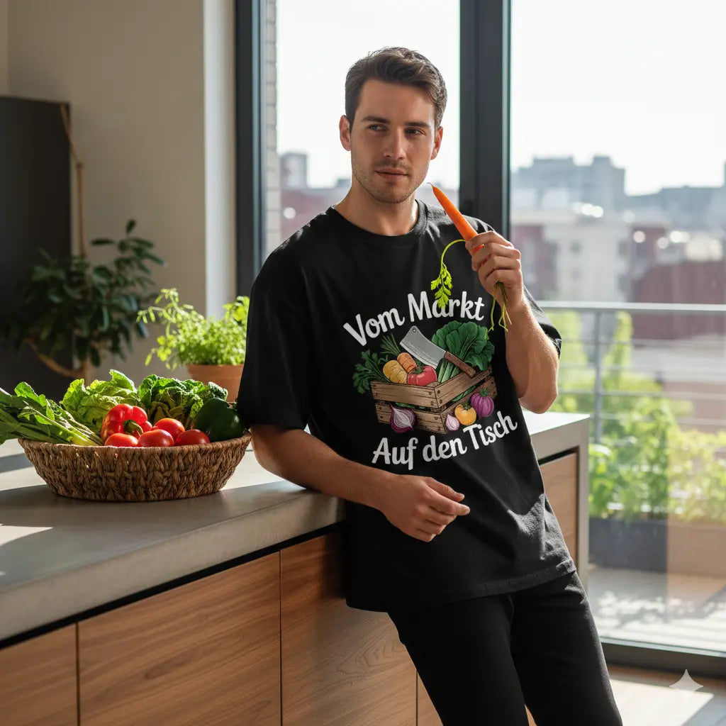 Schwarzes Meatware Oversized T-Shirt mit bunter Gemüsekiste-Illustration und dem Schriftzug Vom Markt auf den Tisch