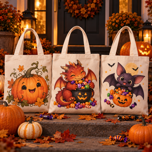 Drei Halloween-Sammeltaschen mit Kürbis-, Drachen- und Fledermausmotiven auf einer herbstlich dekorierten Veranda.