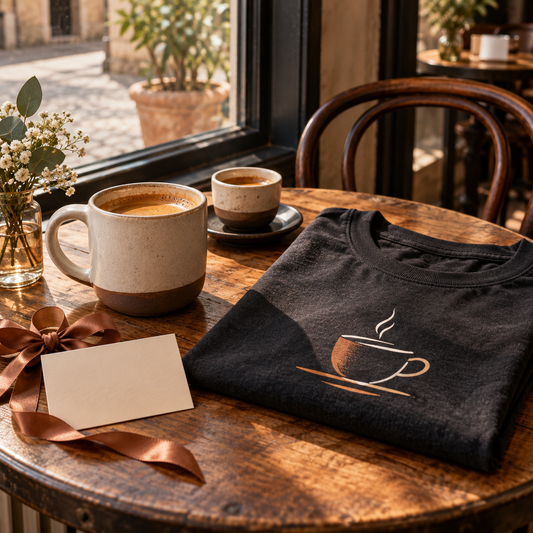 Zwei Kaffeetassen und ein schwarzes Shirt mit Tassenmotiv auf einem Cafétisch im warmen Morgenlicht.