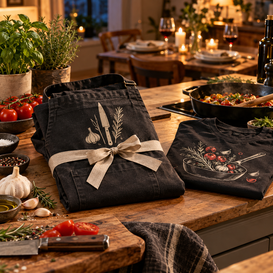 Schwarze Kochschürze mit Geschenkschleife und bedrucktes Shirt neben frischen Zutaten auf einer Küchenarbeitsplatte.