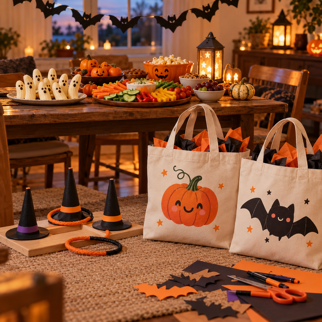 Halloween-Party mit Bananengeistern, Gemüsesnacks, Wurfspiel und zwei Sammeltaschen mit Kürbis- und Fledermausmotiv.
