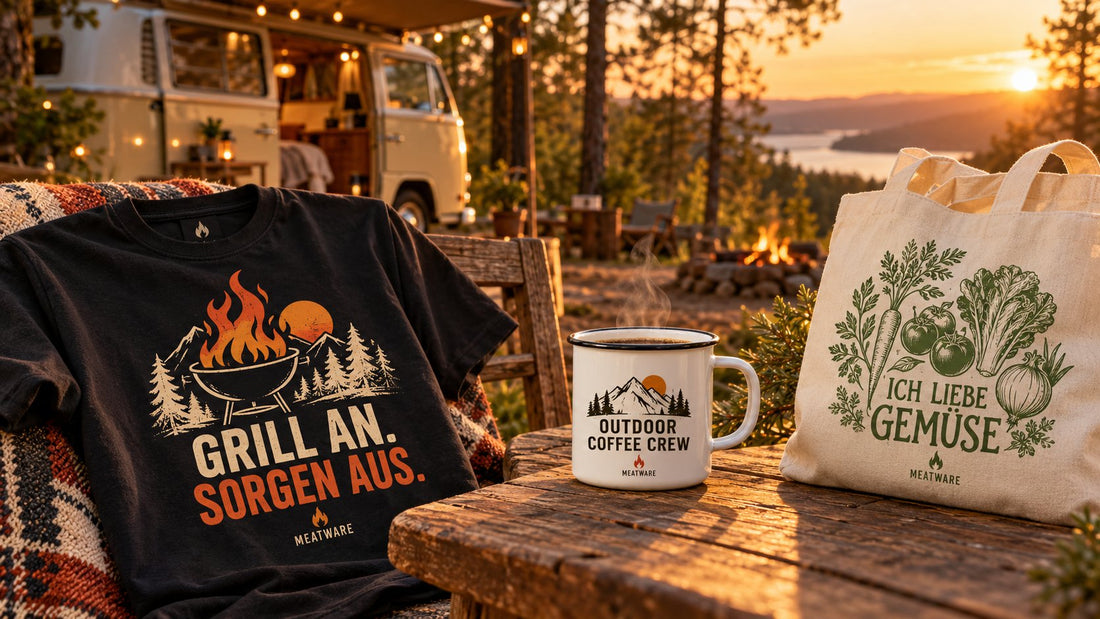 Campingtisch mit Tasse, Shirt, Cap und Jutebeutel als Geschenkideen vor einem Wohnmobil