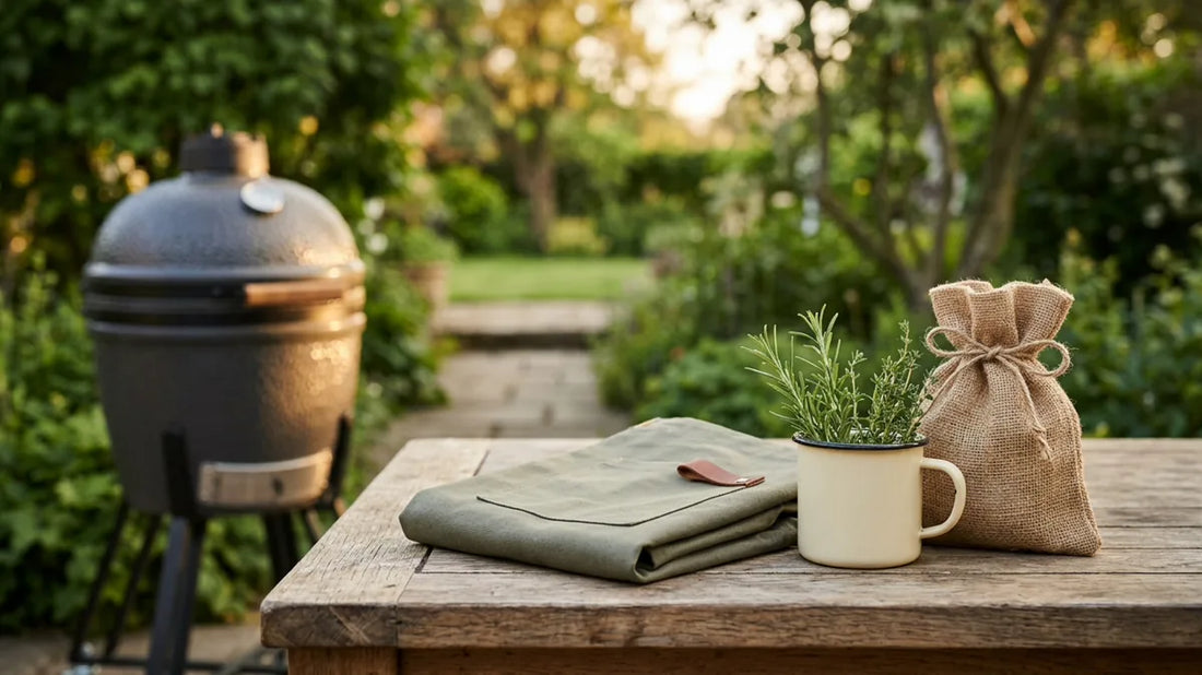 Geschenkarrangement für Grillfans mit Schürze, Tasse und Stoffbeutel auf einem Gartentisch