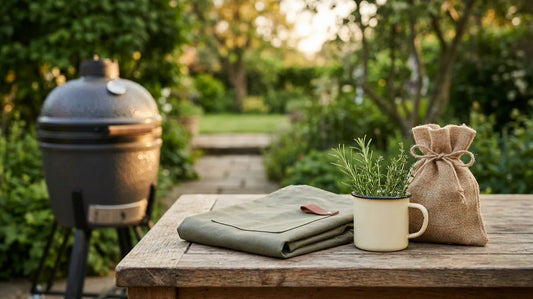 Geschenkarrangement für Grillfans mit Schürze, Tasse und Stoffbeutel auf einem Gartentisch
