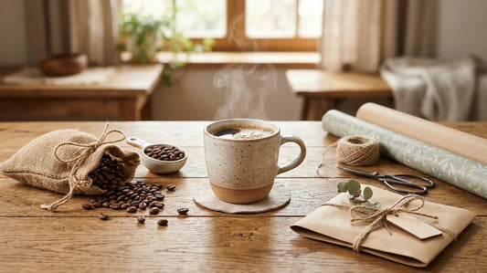 Kaffeetasse mit Bohnen, Jutebeutel und Geschenkpapier auf Holztisch