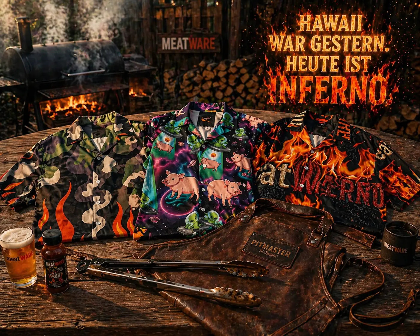 Rustikaler BBQ-Tisch mit Leder-Pitmaster-Schürze und Grillzange vorne, dahinter drei Meatware Hawaiihemden (Camo-Flammen, Alien-Pig, Inferno) vor rauchigem Smoker und Holzstapel, oben rechts brennender Schriftzug „HAWAII WAR GESTERN. HEUTE IST INFERNO