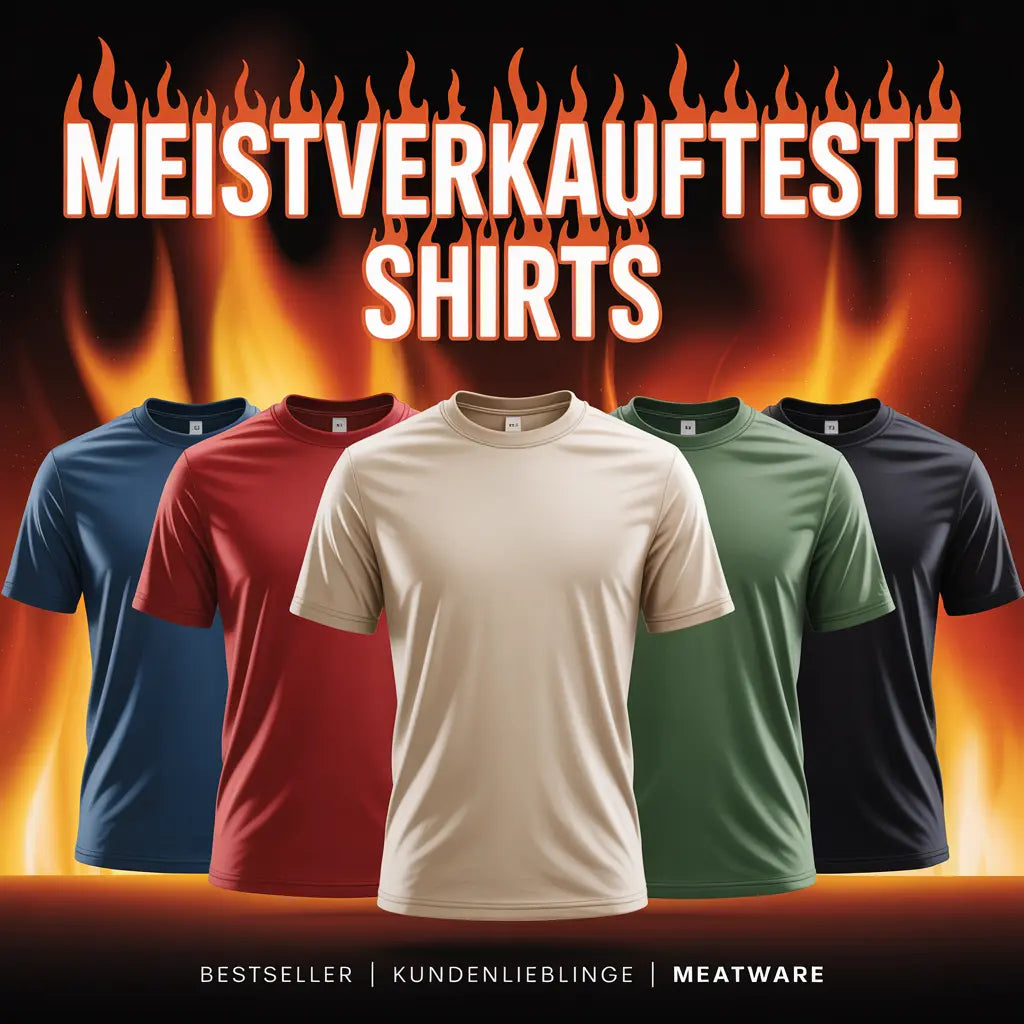 Fünf Bestseller Meatware T-Shirts vor Feuerhintergrund – Kategorie meistverkaufteste Shirts.“
