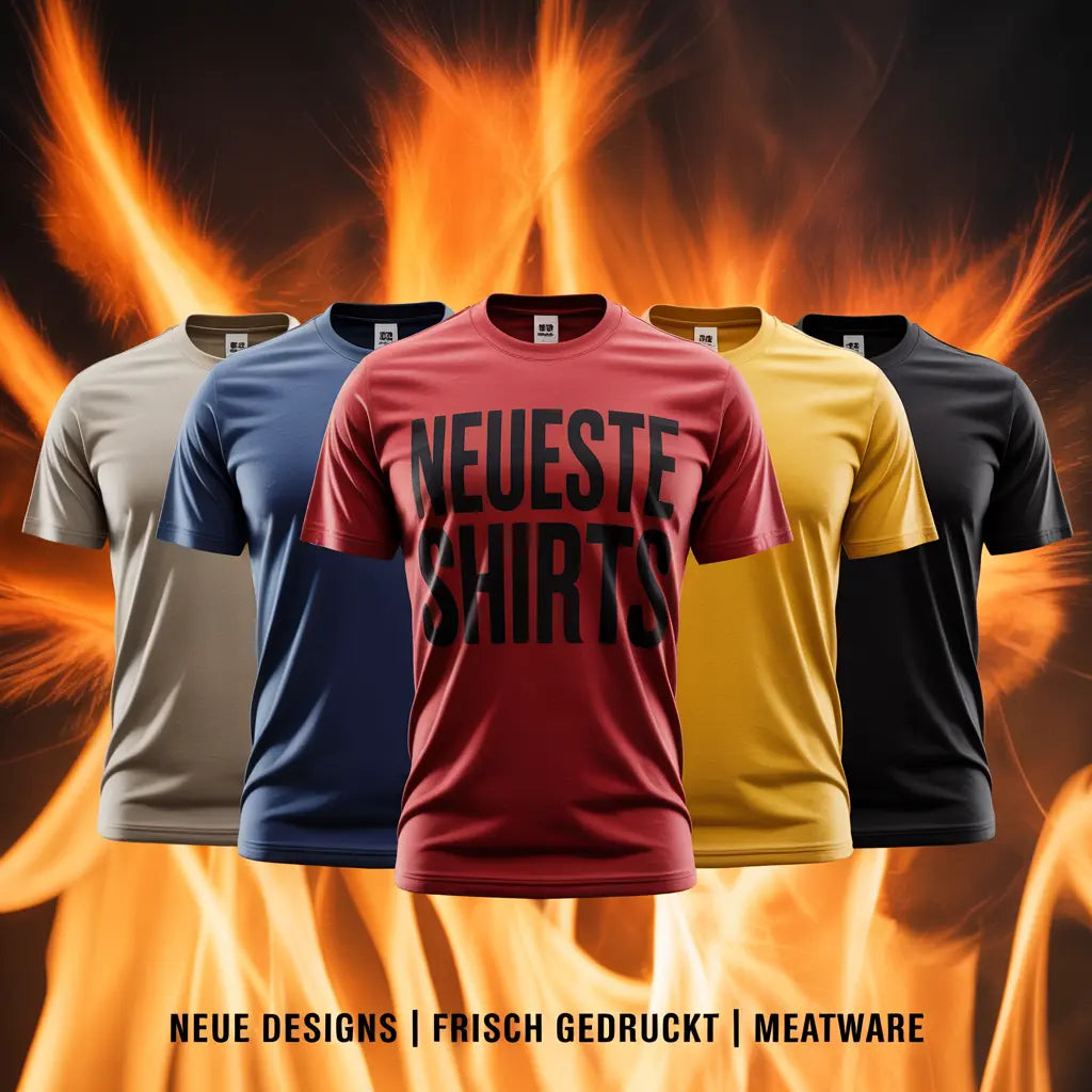 Fünf neue Meatware T-Shirts in verschiedenen Designs vor Feuerhintergrund – Kollektion Neueste Shirts.