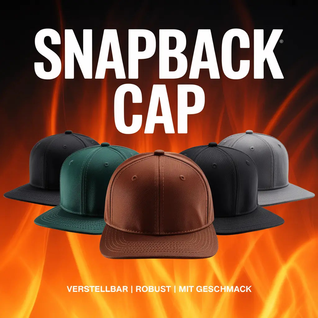 Fünf Snapback Caps in dunklen Farbtönen vor glühendem Flammenhintergrund – Meatware Cap Kollektion.