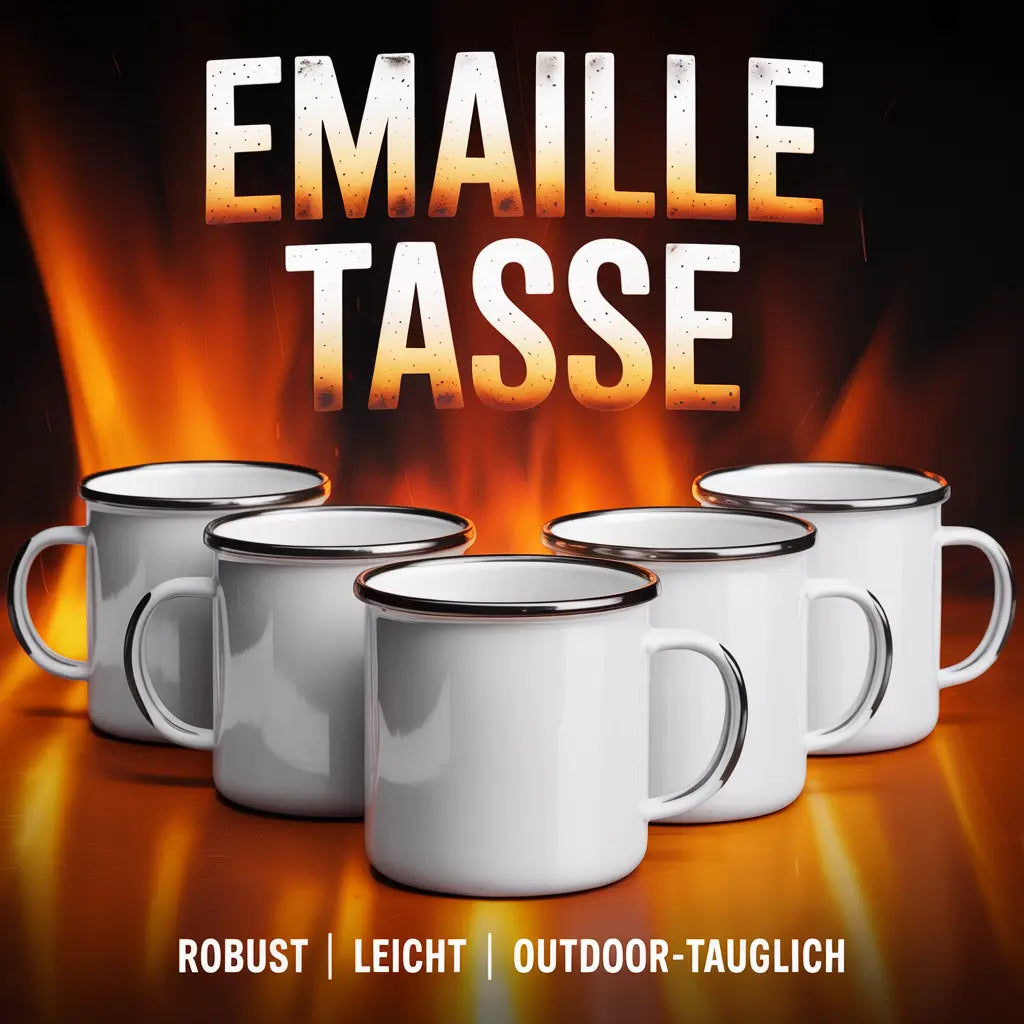 Fünf Emaille Tassen mit Metalldesign vor orange-rotem Feuerhintergrund – Meatware Emaille Kollektion.