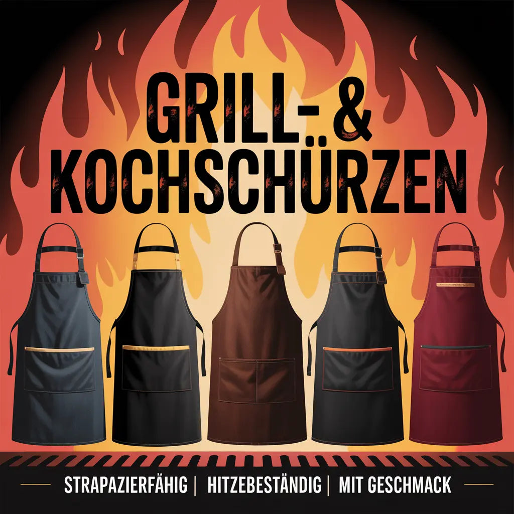 Fünf schwarze Grill- und Kochschürzen mit Meatware-Designs vor Feuerhintergrund – robuste BBQ Schürzen.