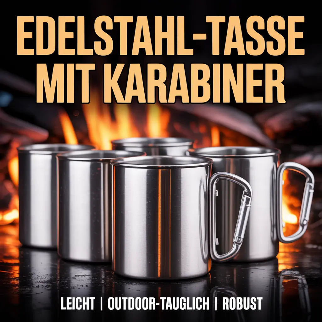 Fünf Edelstahl-Tassen mit Karabinergriffen vor glühendem Feuerhintergrund – Meatware Outdoor-Tassen Kollektion