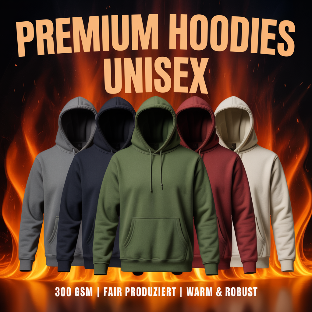 Fünf Premium Unisex Hoodies vor Feuerhintergrund – Meatware Kollektion 300 GSM, warm und robust.