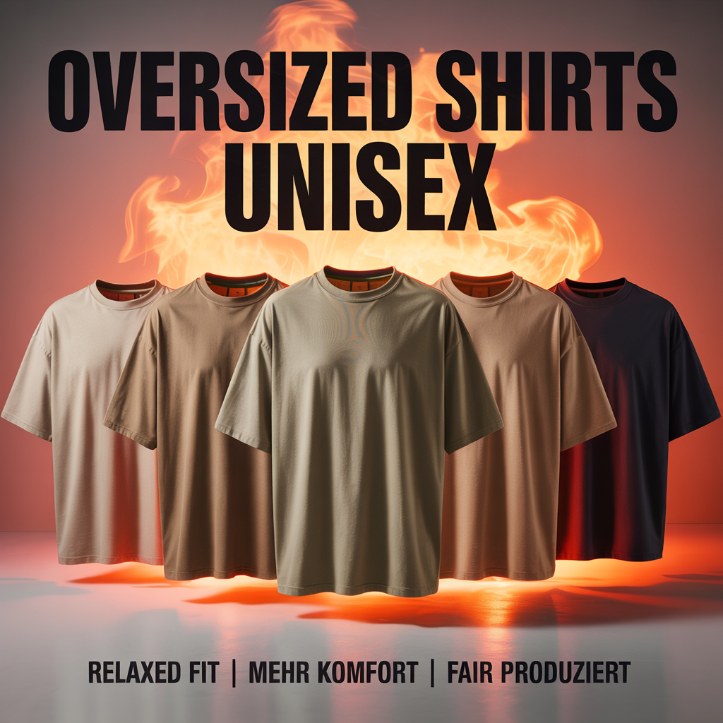 Fünf Oversized Unisex T-Shirts im BBQ-Design vor orange-rotem Flammenhintergrund – Meatware Oversized Kollektion.