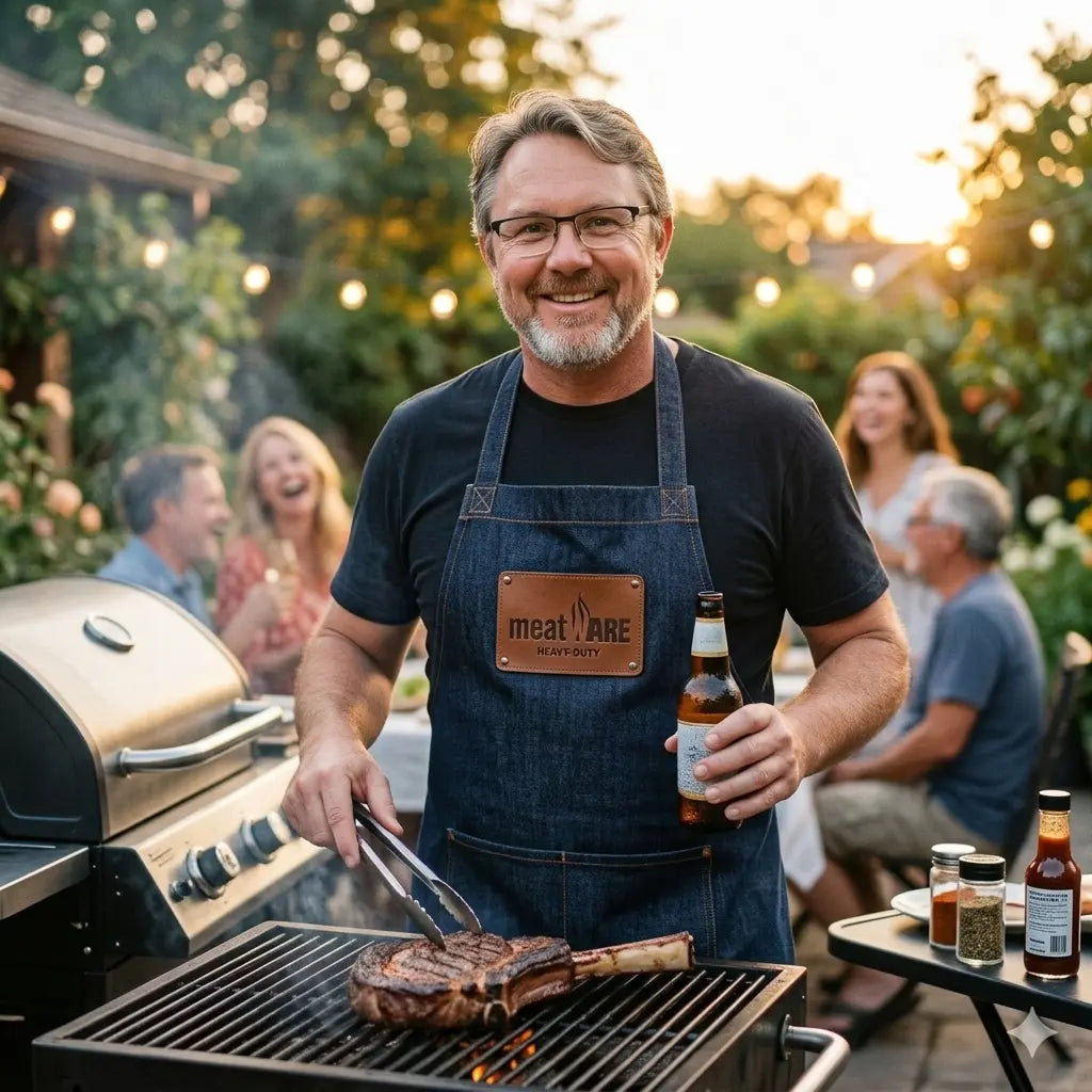 Authentischer Vater am Grill mit Tomahawk-Steak und Meatware Denim-Schürze in der Golden Hour