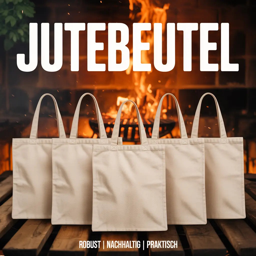 Jutebeutel mit Meatware-Designs, frontale Ansicht vor hellem Hintergrund – robuste Baumwolltasche Kollektion.