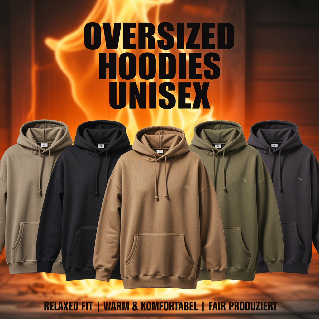 Fünf Oversized Unisex Hoodies in verschiedenen Farben vor glühendem Feuerhintergrund – Meatware Oversized Hoodie Kollektion.