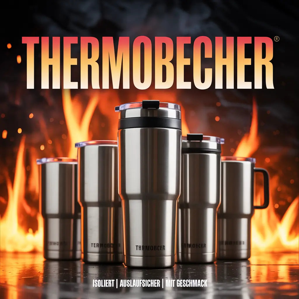 Fünf isolierte Edelstahl Thermobecher vor feurigem Hintergrund – Meatware Travel Mug Kollektion.