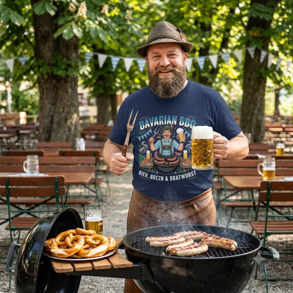 Bavarian BBQ – Premium T-Shirt (Lustiges Bayern Grillmeister & Oktoberfest Shirt)