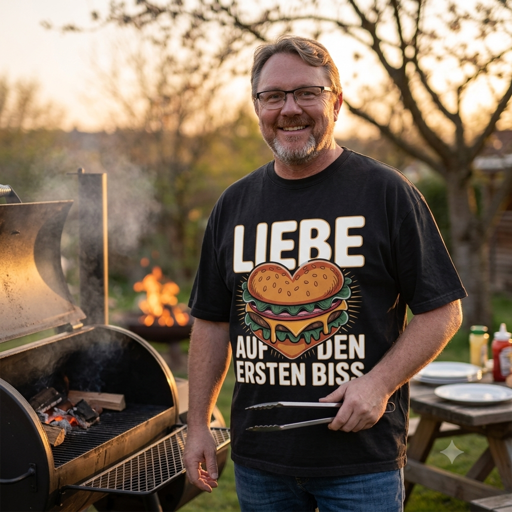 Liebe auf den ersten Biss – BBQ Burger Oversized T-Shirt (Herren & Damen Grill Style)