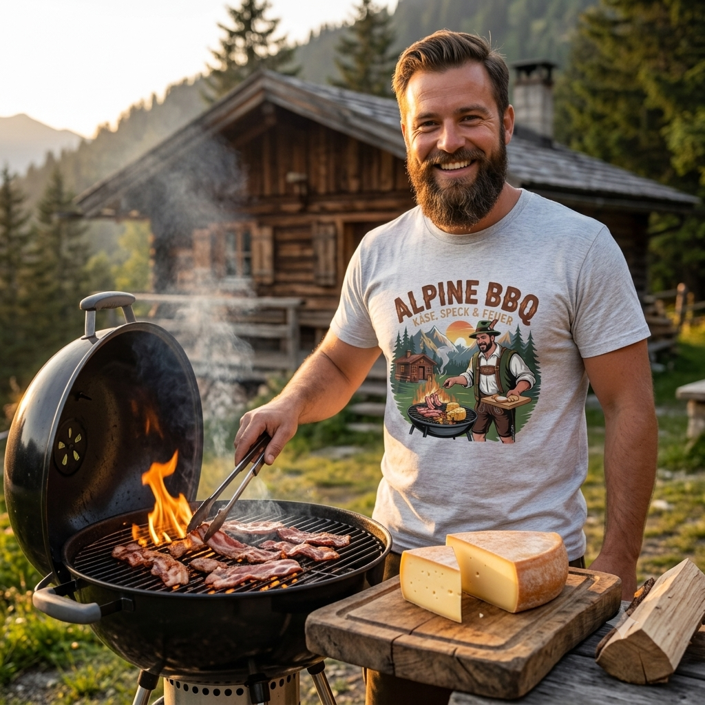 Alpine BBQ Käse Speck & Feuer – Premium T-Shirt (Lustiges Alpen Grillmeister & Berge Geschenkshirt)