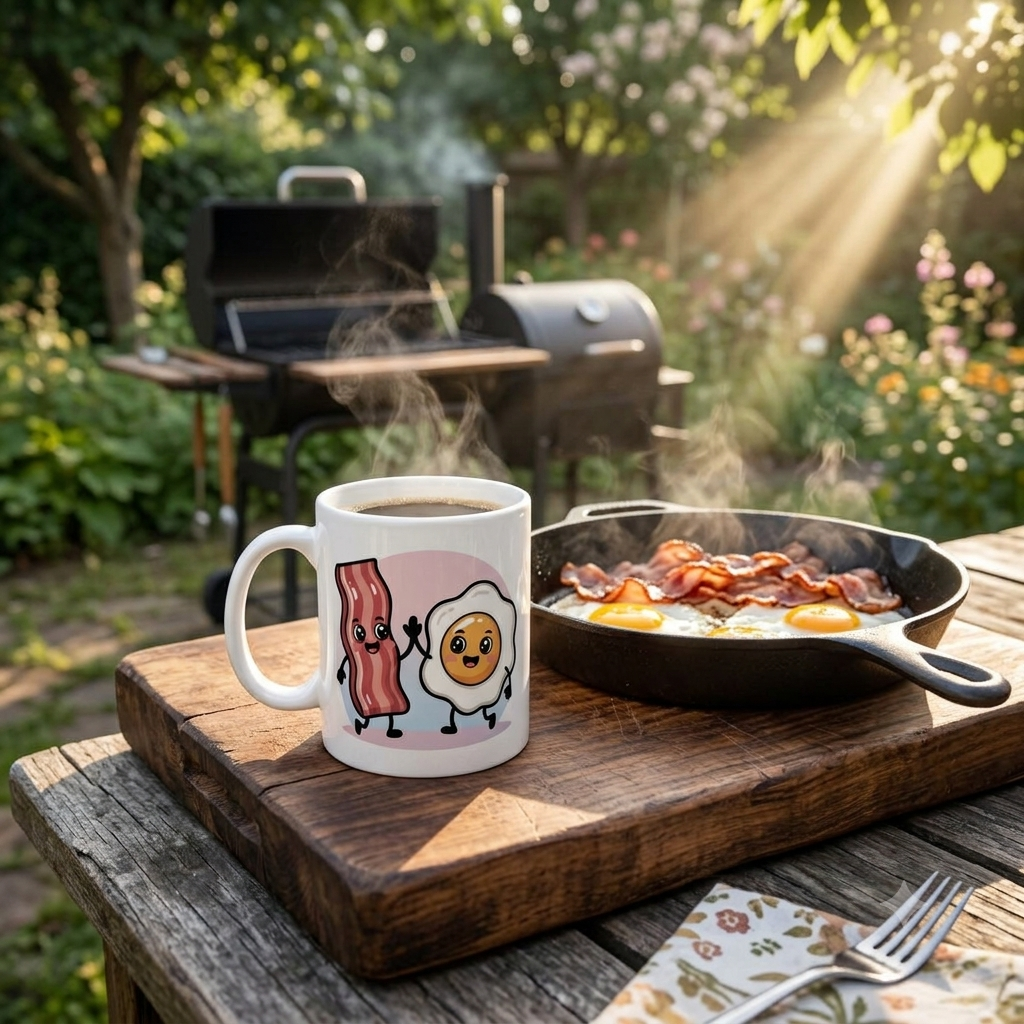 Bacon & Egg Friends – Keramiktasse (Lustige BBQ & Frühstück Kaffeetasse)