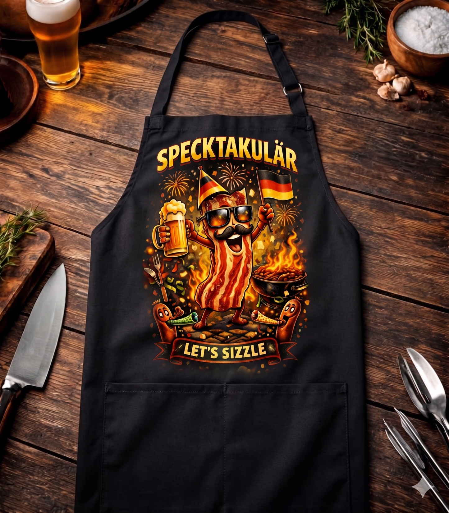 Specktakulär Let’s Sizzle Grillschürze | Lustige Bacon BBQ Schürze