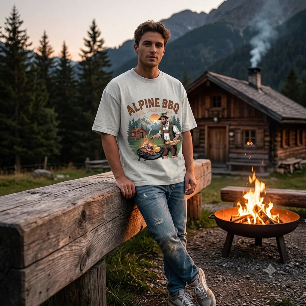 Alpine BBQ Käse Speck & Feuer – Lässiges Oversized T-Shirt (Rustikales Alpen Grillmeister & Hütte Streetwear Shirt)