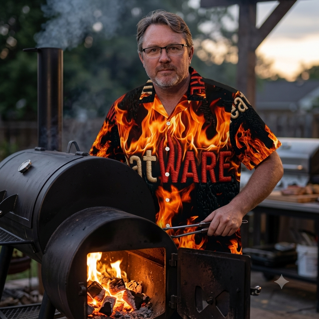 Meatware Inferno – Premium Hawaiihemd (Flaming BBQ Pitmaster Shirt)