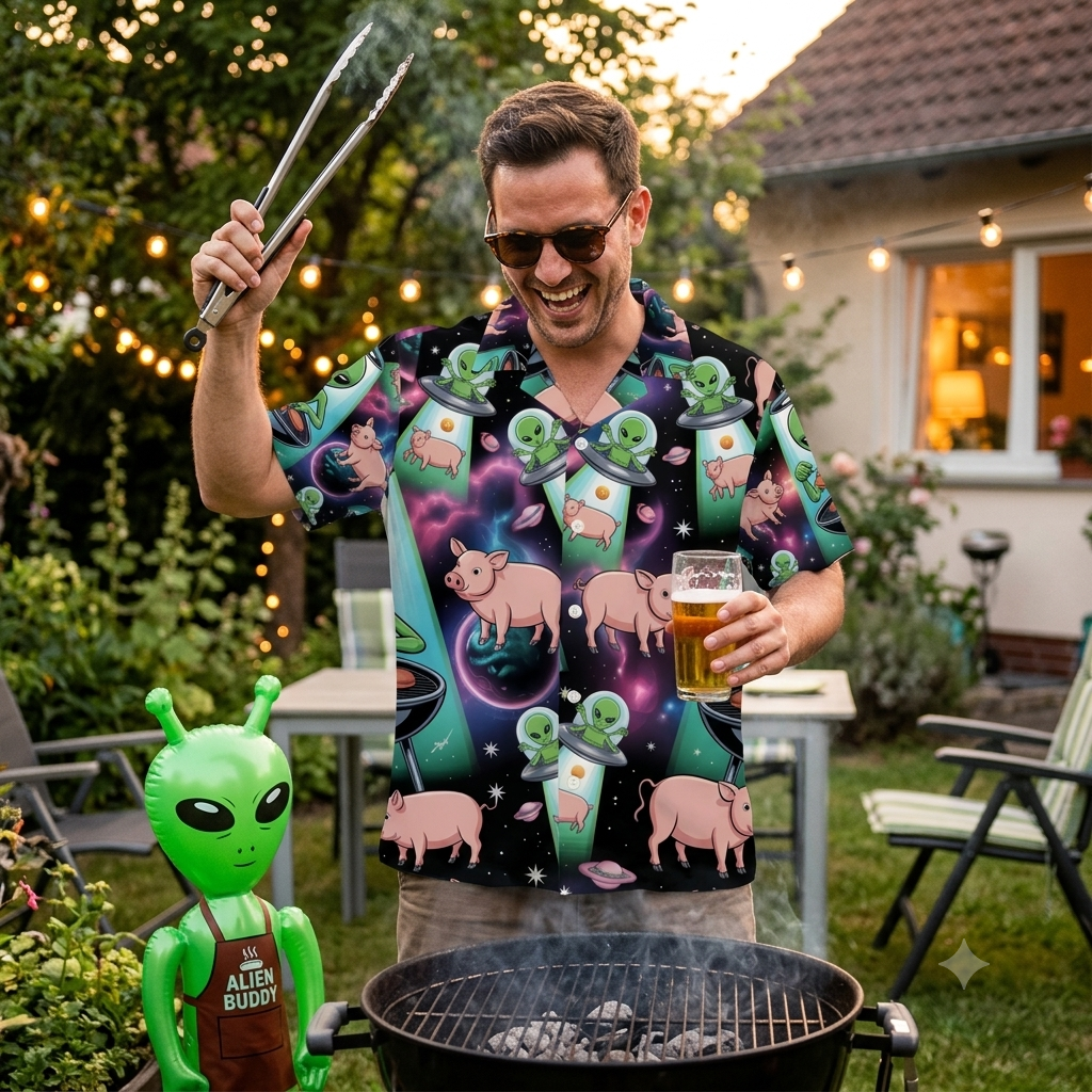 Interstellar Pitmaster – Hawaiihemd (Lustiges Alien BBQ Allover-Print Shirt)