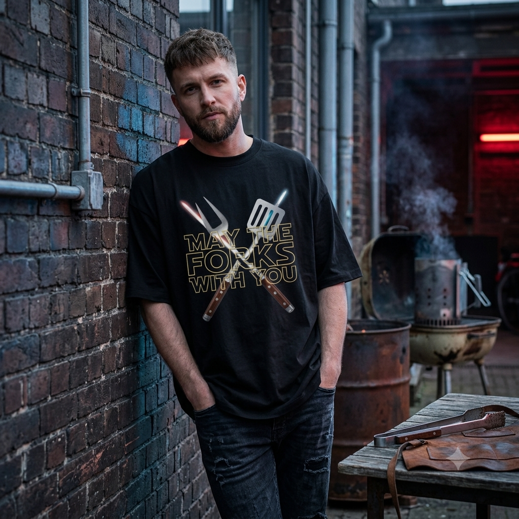 MAY THE FORKS WITH YOU – Oversized BBQ Shirt (Grill & Sci-Fi)