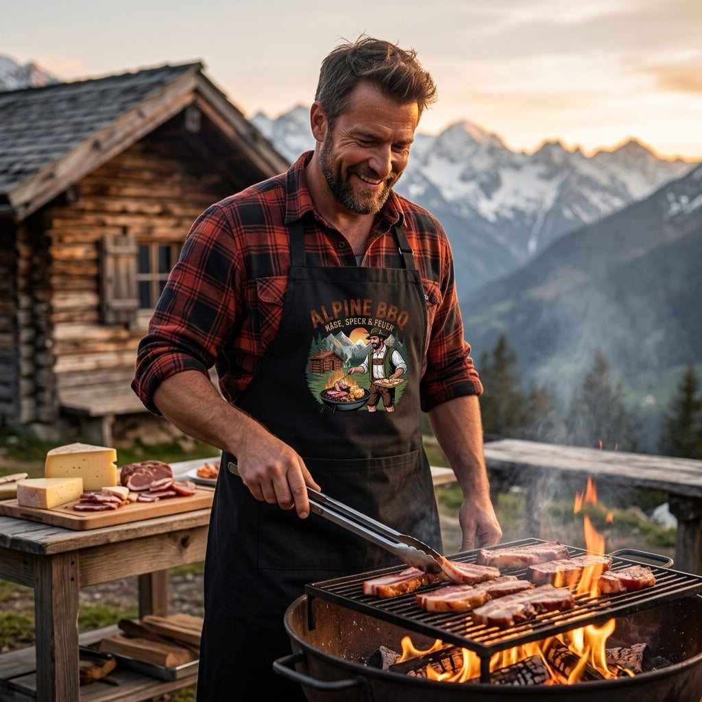 Alpine BBQ Käse Speck & Feuer – Premium Grillschürze (Lustige Alpen Grill & Kochschürze)