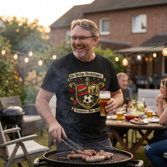 Die Heilige Dreifaltigkeit – Premium T-Shirt (Bratwurst, Bier & Fußball)