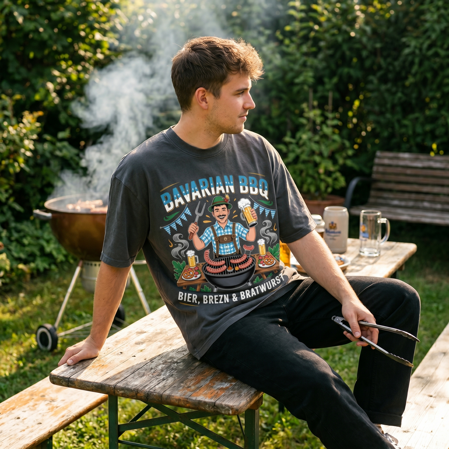 Bavarian BBQ – Lässiges Oversized T-Shirt (Lustiges Bayern Grillmeister & Trachten Streetwear Shirt)