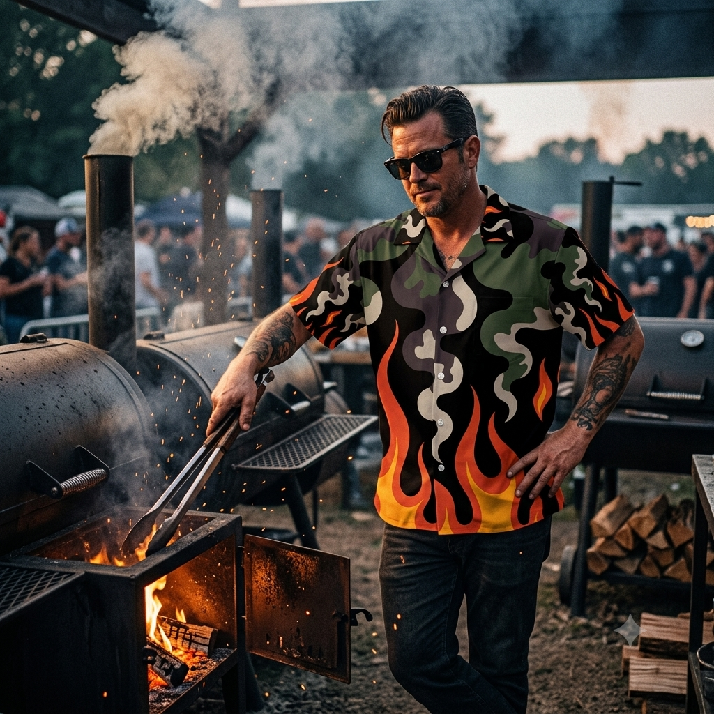 Smoke & Fire Pitmaster Hawaiihemd – BBQ Flammen Shirt (Camouflage & Feuer Design)