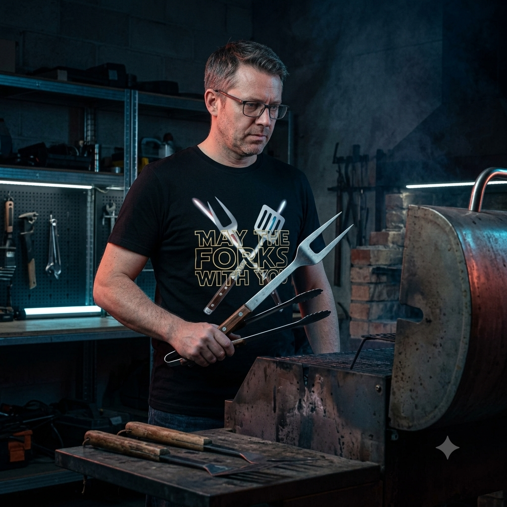 MAY THE FORKS WITH YOU – Premium BBQ T-Shirt (Grill & Sci-Fi)