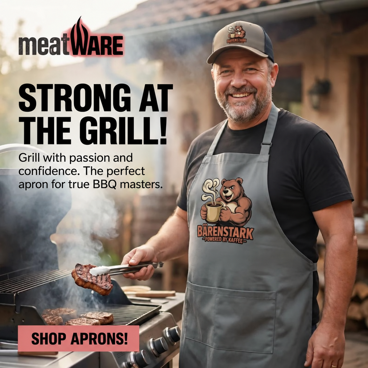 Meatware apron BBQ promotion in English