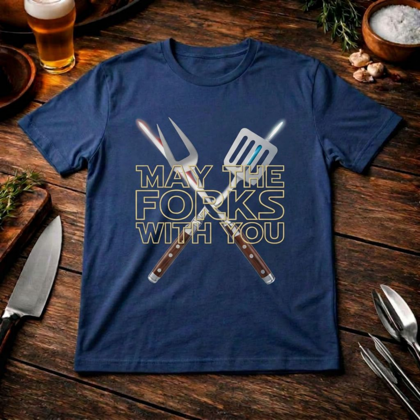MAY THE FORKS WITH YOU – Premium BBQ T-Shirt (Grill & Sci-Fi)